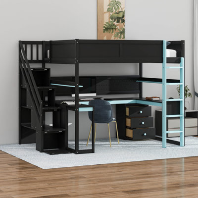 Lit mezzanine double Designs avec bureau et escalier de rangement, tablettes et panneau perforé