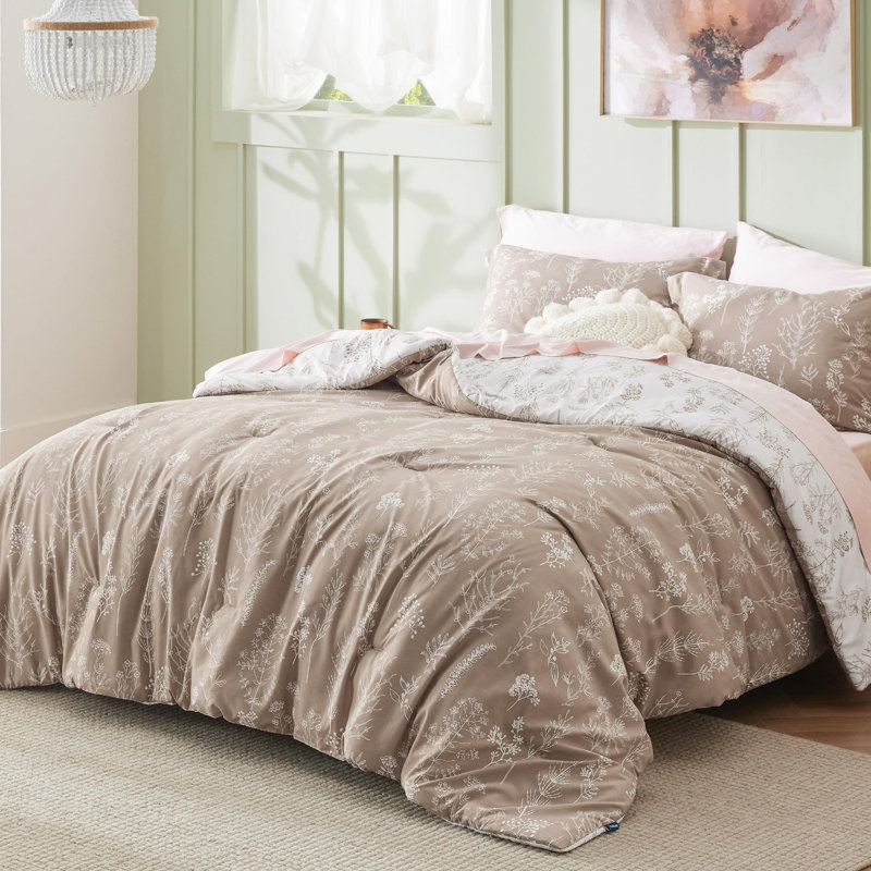 Best Seller Bedsure Comforter Set Reversible Cute Floral Bedding, 89GSM, Light Taupe, Full