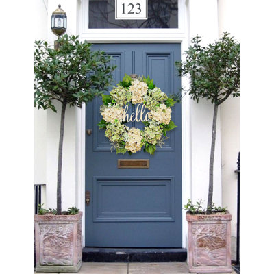Couronne de 17,9 pouces pour porte d'entrée, couronne florale d'hortensia artificielle, décoration florale à feuilles, mur de style campagnard, rebord de fenêtre et décoration de cheminée.