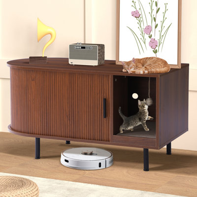 37.4" Cat Litter Box Enclosure With Sliding Door, Modern Fluted Hidden Litter Box Furniture With Scratch Pad And Sisal Ball, Indoor Cat House Cabinet End Table Tv Stand For Living Room