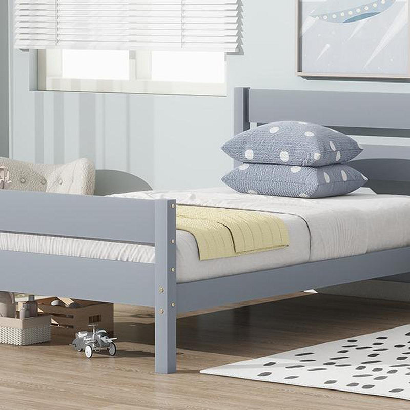 Lit simple avec tête et pied de lit, lit en bois d'hévéa, gris