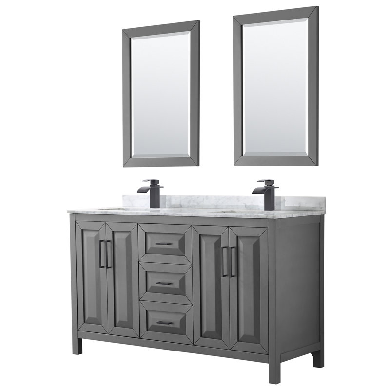 Daria 60'' W Double Vanity, White Cultured Marble, Dark Gray, Matte Black