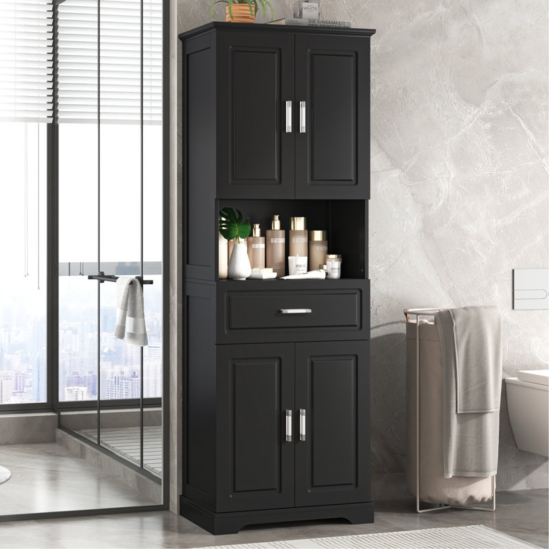 Grande armoire de salle de bain avec quatre portes, grand espace de rangement ouvert, armoire de rangement supérieure