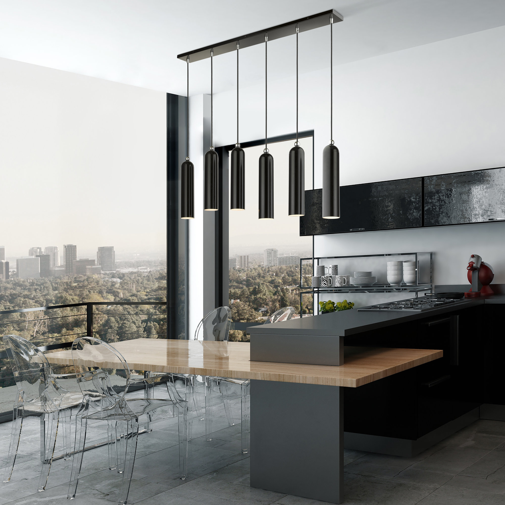 Veikko 6-Light Dimmable Linear Kitchen Island Pendant , Shiny Black