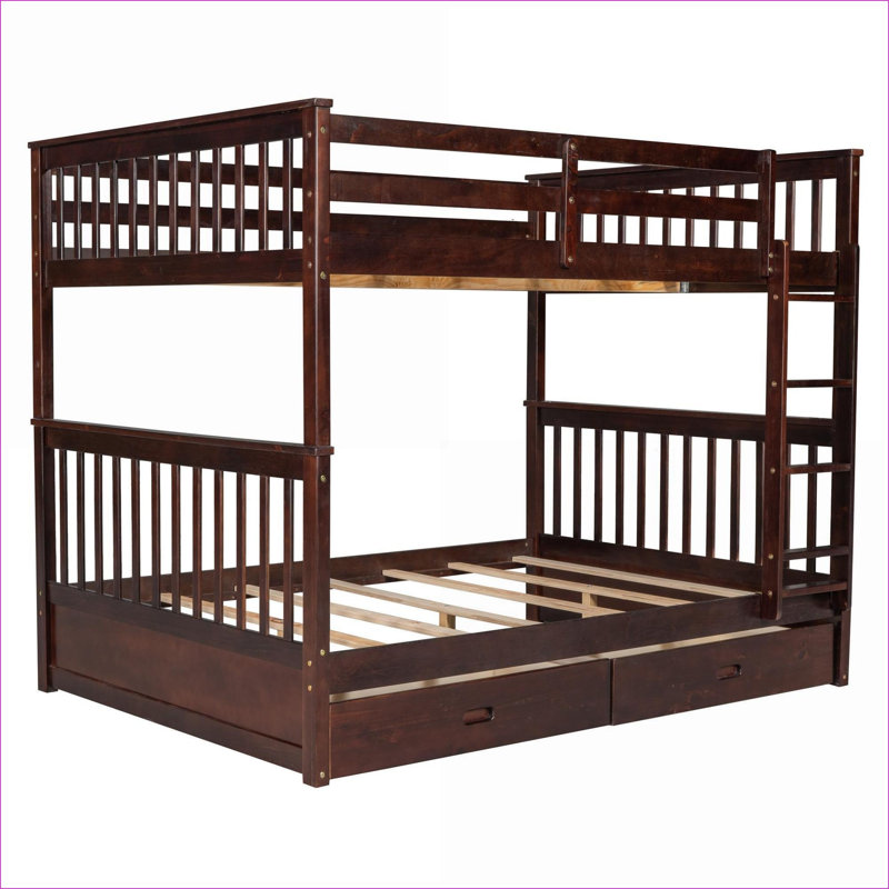 Lit superposé double en pin massif avec échelle et lit double 2 tiroirs de rangement, aucun sommier nécessaire, espresso, pour chambre d'amis