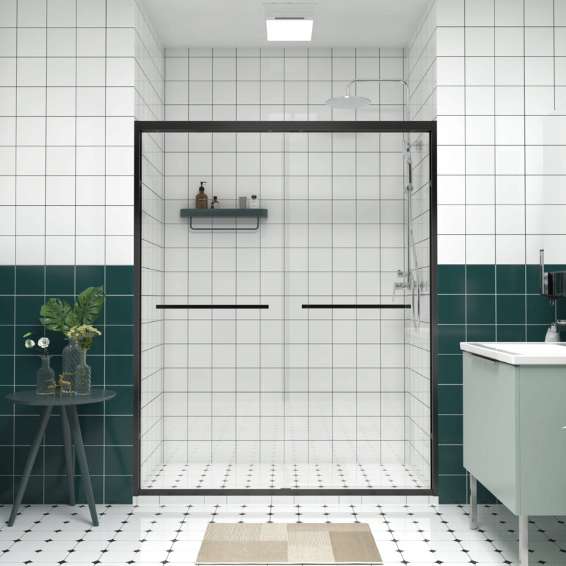 56-60"X74" Aluminum Frame Double Sliding Shower Door,Bypass Bathroom Sliding Door With Premium 1/4" (6Mm) Clear Tempered Glass, Black Hardware Sliding Glass Shower Enclosure,Matte Black Finished
