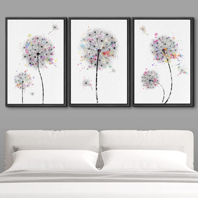 Idea4wall, reproduction d'art sur toile encadrée, pissenlits et aquarelles, motifs floraux dans la nature, art moderne, rustique, gros plan, multicolore, ultra pour le salon, la chambre à coucher, le bureau, reproduction sur toile, 3 pièces