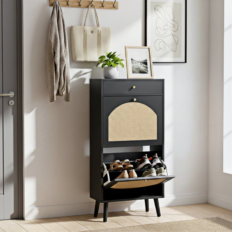 Rattan Panel 1 Drawer 2 Flip-Drawer Shoe Cabinet Particleboard 21.26" W, Black