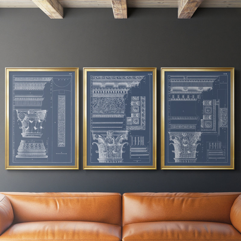 Colonne et corniche I - Toile tendue avec châssis sur mesure - 3 pièces, H 19 po x l 45 po, Gold