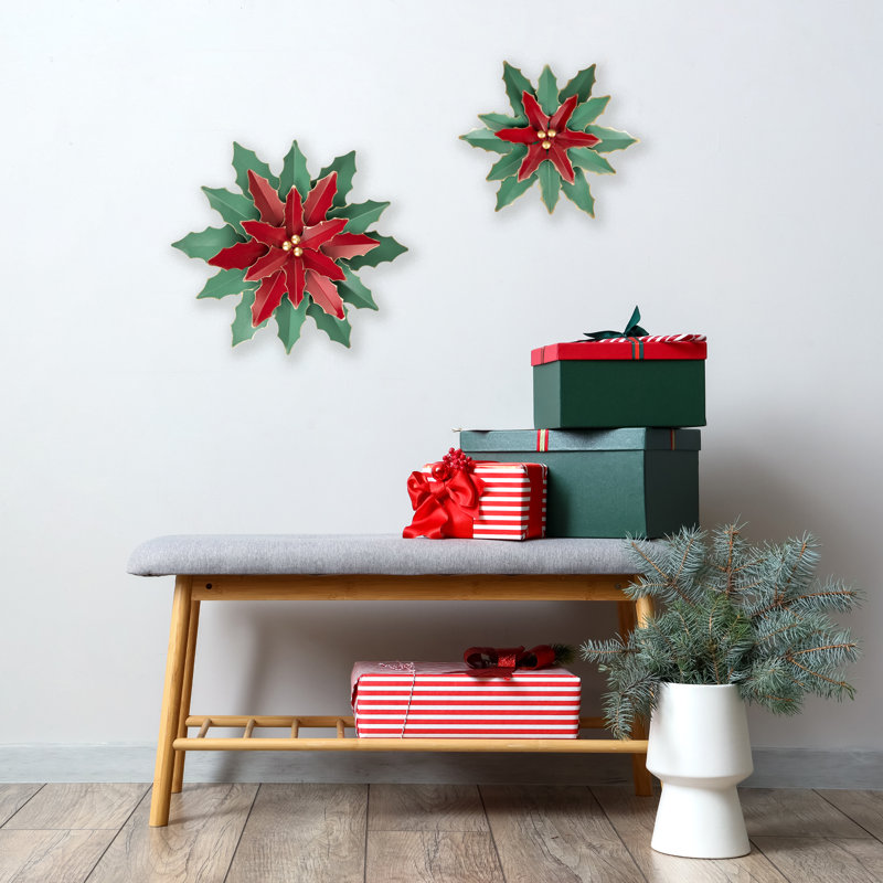 Décoration murale de Noël en métal poinsettia, H 12 po x l 14 po x P 2 po, Vert/rouge