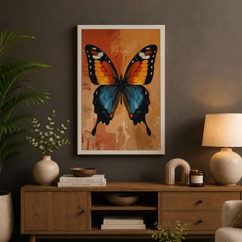 Symmetrical Butterfly Study Boho - Wrapped Canvas, 36x24 - 91.4 x 61.0 cm, Taupe Border