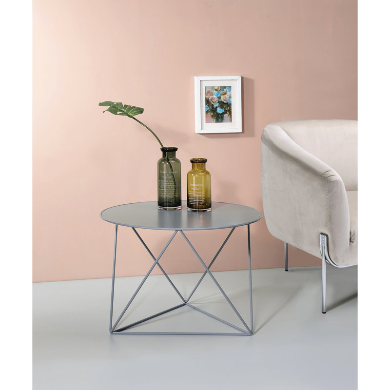 Stylish Gray Metal Table With Round Surface And Triangle-Shaped Legs For Any Room Function Purpose, Tabletop
