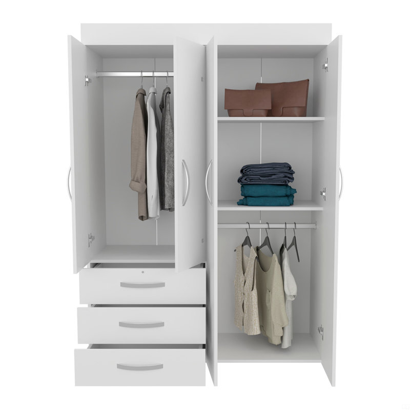 Armoire réglable, tringles, armoire à deux portes, trois tiroirs, deux tablettes