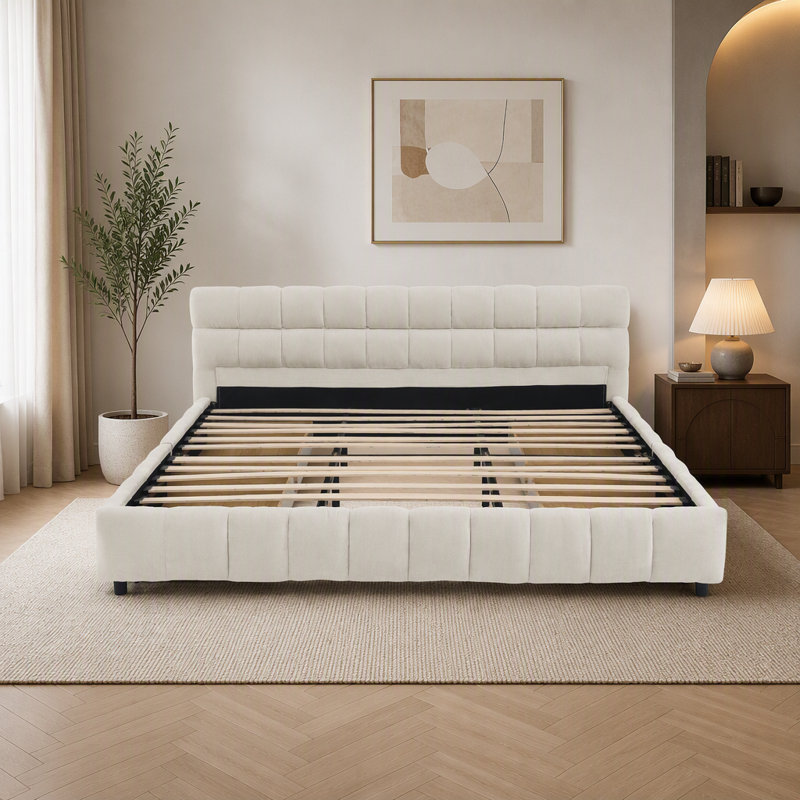 Lit capitonné en chenille avec tiroir de rangement, tête de lit confortable et cadre robuste pour chambres modernes, Beige