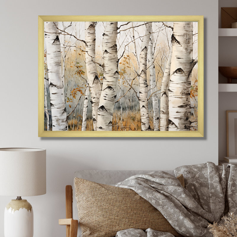 «Beige Silver Birch Tree Beauty III - Tree Birch», reproduction sur toile, H 24 po x l 32 po x P 1 po, Cadre doré simple