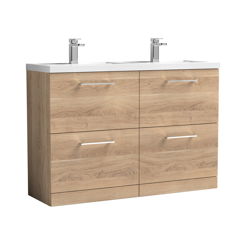 1205mm Double Bathroom Vanity with Drop In Polymarble Basin, Bleached Oak