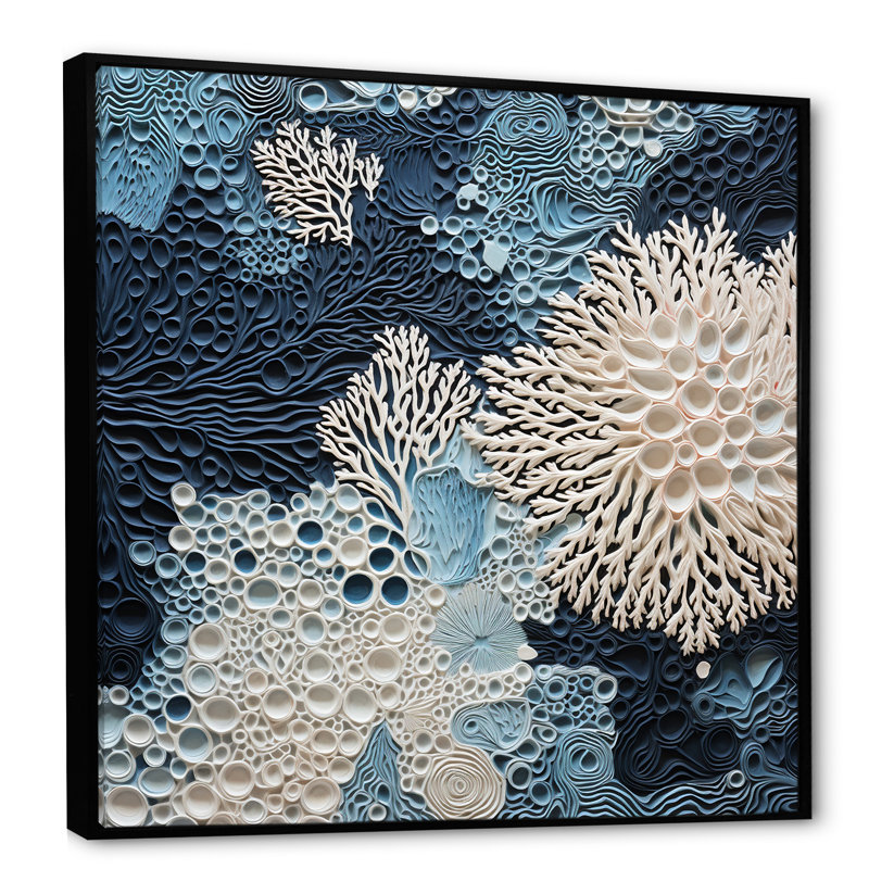 Collage sous l'eau de coraux bleus et blancs - art mural côtier, H 30 po x l 30 po, Reproduction avec cadre flottant, Noir