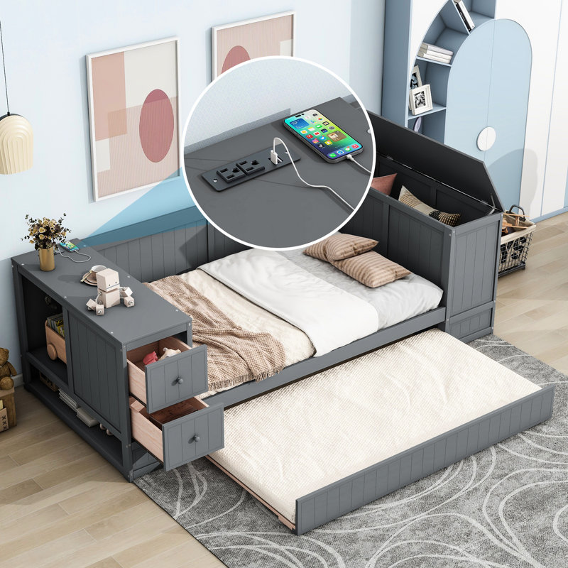 Lit de jour simple avec rangement pour outils, lit gigogne, gris - Construction en bois massif, Gris