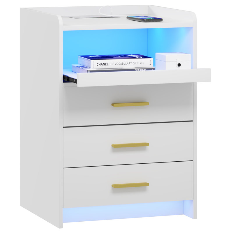 3 Drawers Bedside Table with Charging Station and Led Lights, White