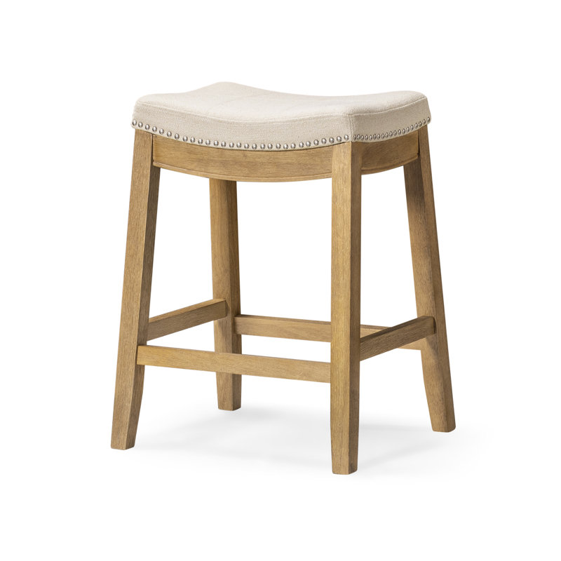 Maven Lane Sophia Wooden Backless Stool with Fabric Upholstery, Counter Stool (26" Seat Height), Aged Natural