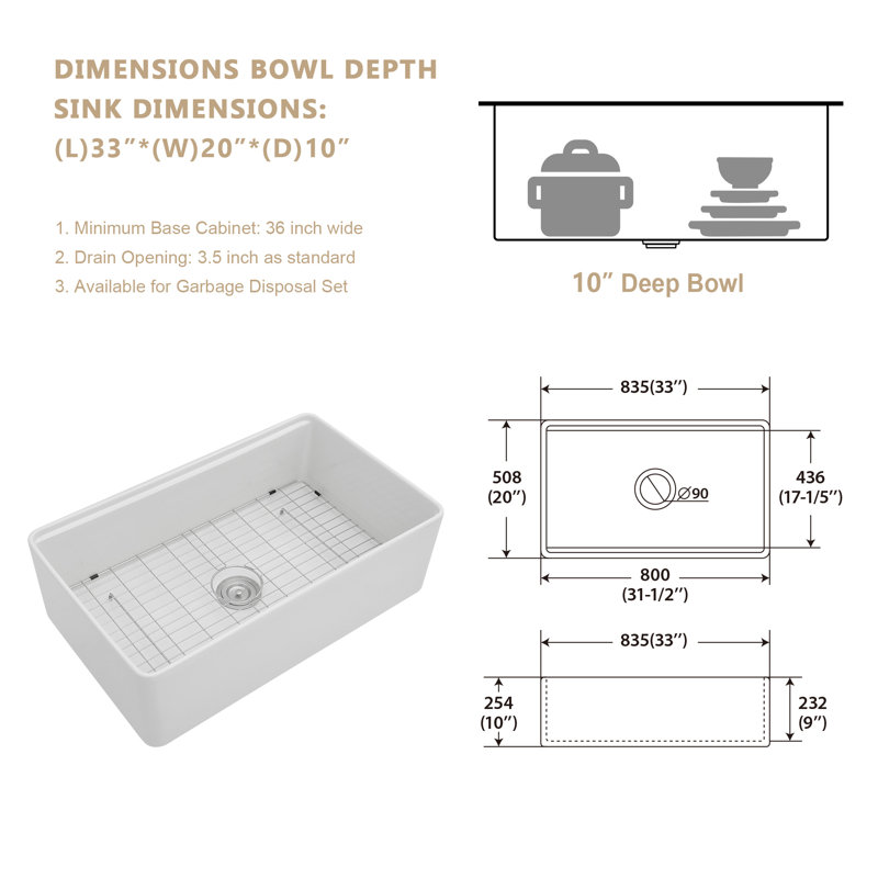 33" L x 20" W Ceramic Farmhouse Workstation Kitchen Sink with Bottom Grid, Strainer, Drying Rack, Colander and Cutting Board