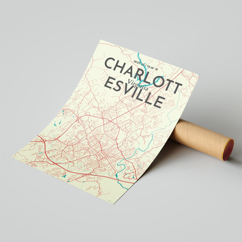 Charlottesville, carte de la ville, impression graphique, H 24 po x l 18 po x P 0,05 po, Vert / beige
