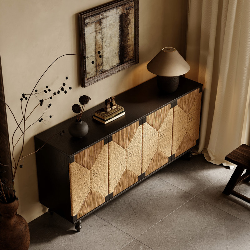 Natural Seagrass Handwoven Door Sideboard, Five Solid Wood Legs, Black Finish, Ample Shelf Space, Entryway Decor Piece Sideboard With Doors, Construction, Storage For Plates, Design