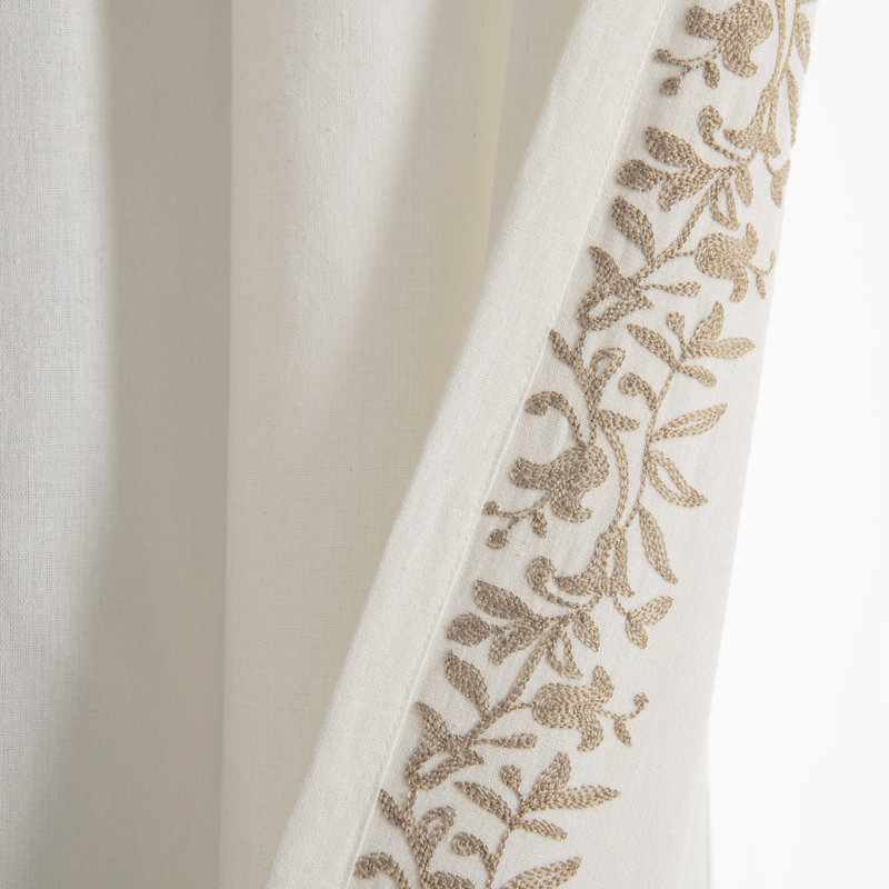 Neutral Linen Embroidery Border Cotton Blend Window Curtain Panel 52"W x 84"L