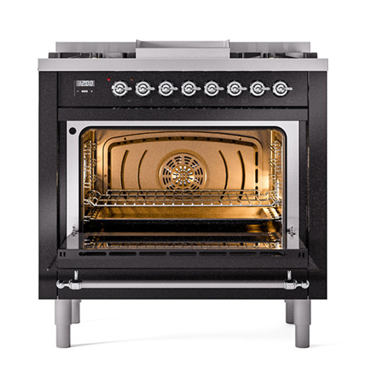 ILVE Nostalgie II Noblesse 36 in Dual Fuel Range, Liquid Propane, Glossy Black/Chrome