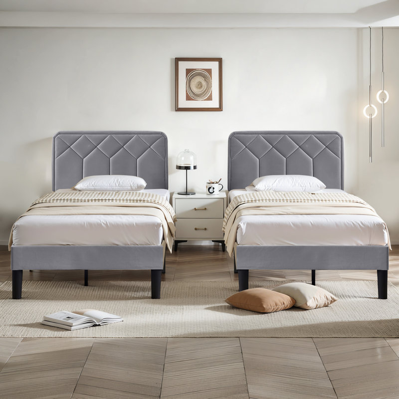 (Set of 2) Gray Twin Size Upholstered Platform Bed Frame with Adjustable Headboard, No Box Spring Needed, Gray
