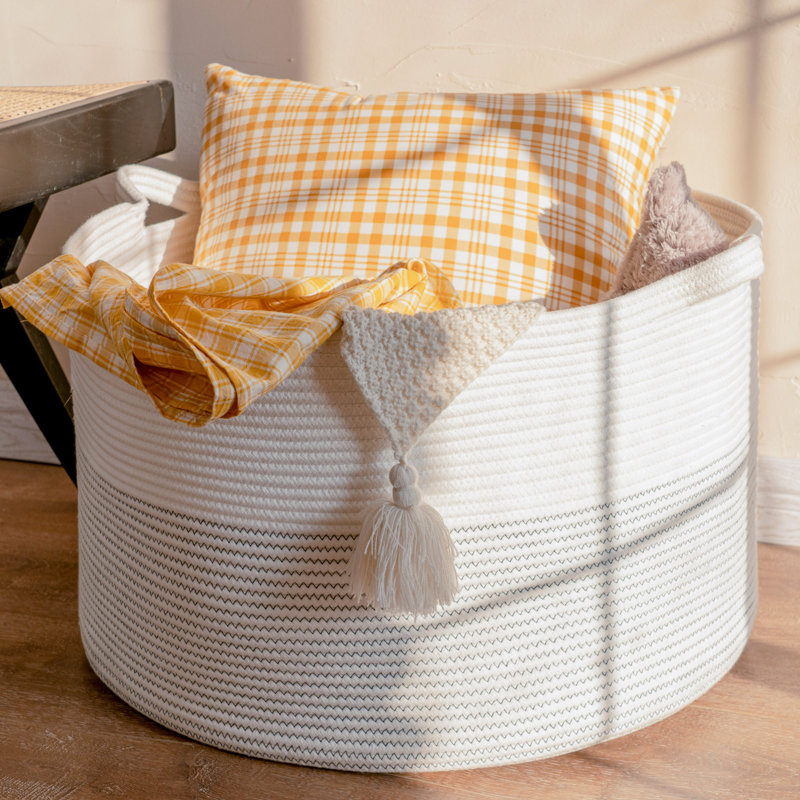 Très grand panier en corde de coton, Gris clair / Blanc