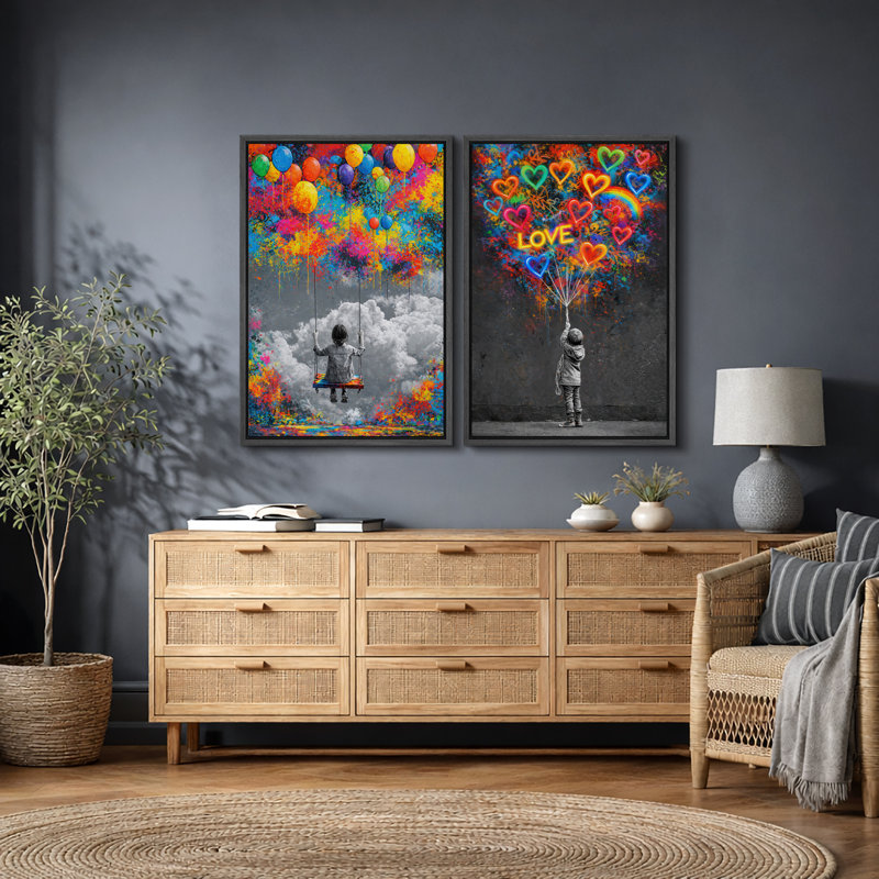 Art abstrait, fille avec ballons, impression sur toile encadrée, 2 pièces, H 24 po x l 32 po x P 1,5 po, Cadre noir