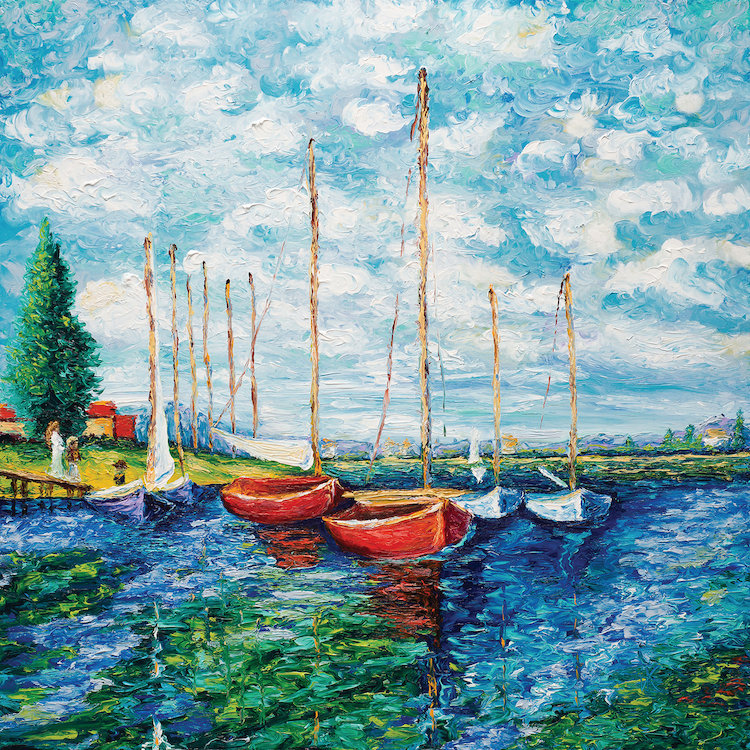 « red bateau hommage to monet », reproduction d’art sur toile tendue, H 12 po x l 12 po x P 1,5 po