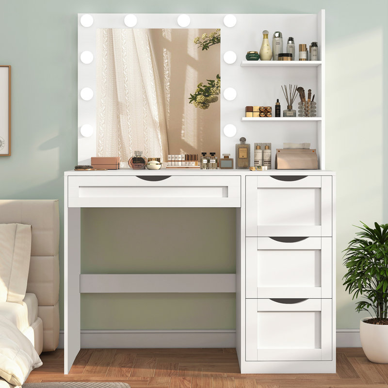 Coiffeuse Adaugo avec 10 lumières DEL, 4 tiroirs et 2 tablettes de rangement, Blanc