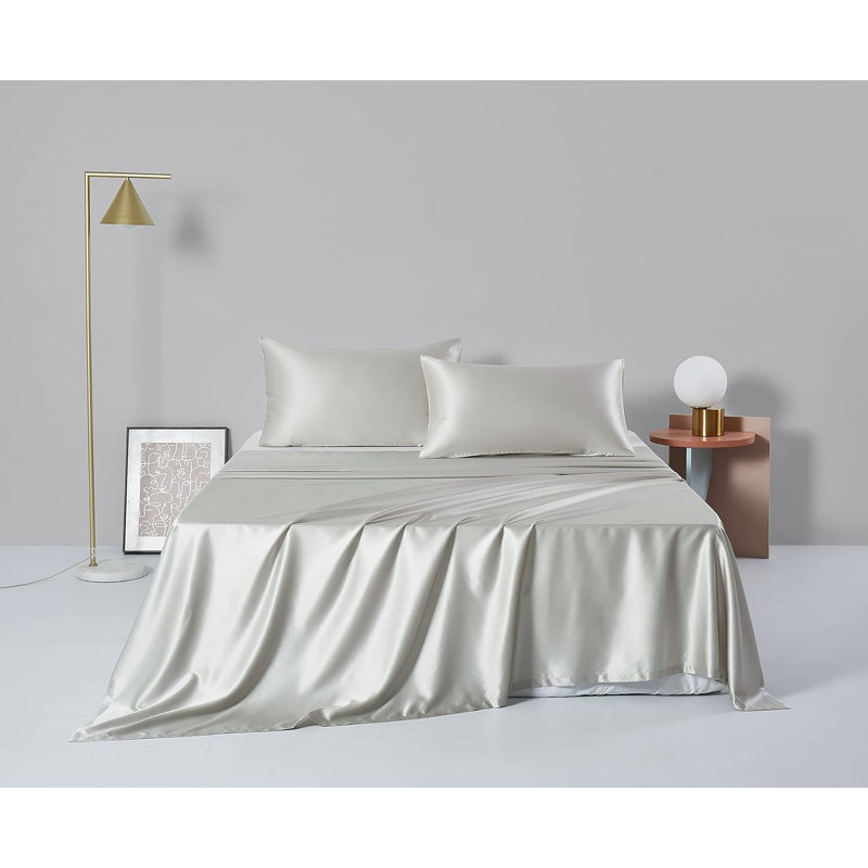 Ensemble de taie d'oreiller en soie et masque de sommeil en soie, Beige, Taie d'oreiller très grande