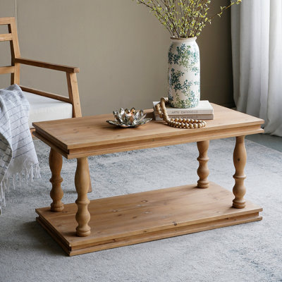 Table basse rustique rectangulaire à 2 niveaux, table de salon en bois naturel avec pieds balustres sculptés, maison de campagne / campagne française