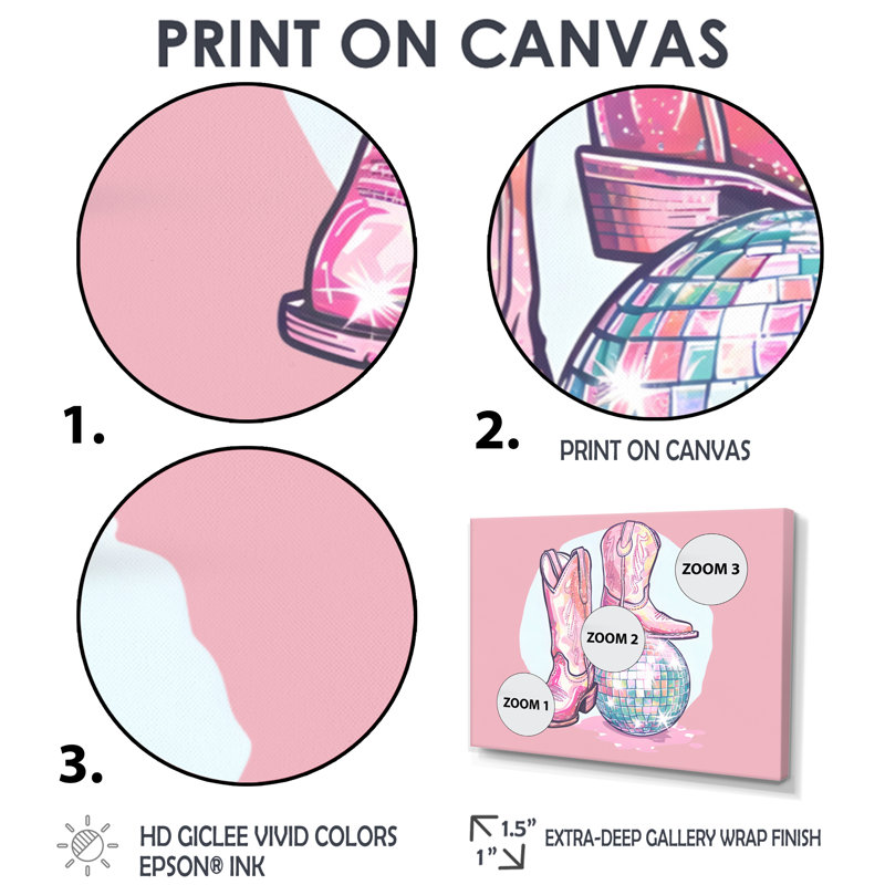 Décoration murale disco rose bottes de cowboys, Toile tendue, H 40 po x l 60 po x P 1,5 po