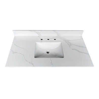 Plateau de meuble-lavabo en quartz blanc 43 po avec lavabo encastré, trous de robinet pré-percés et dosseret Carrara