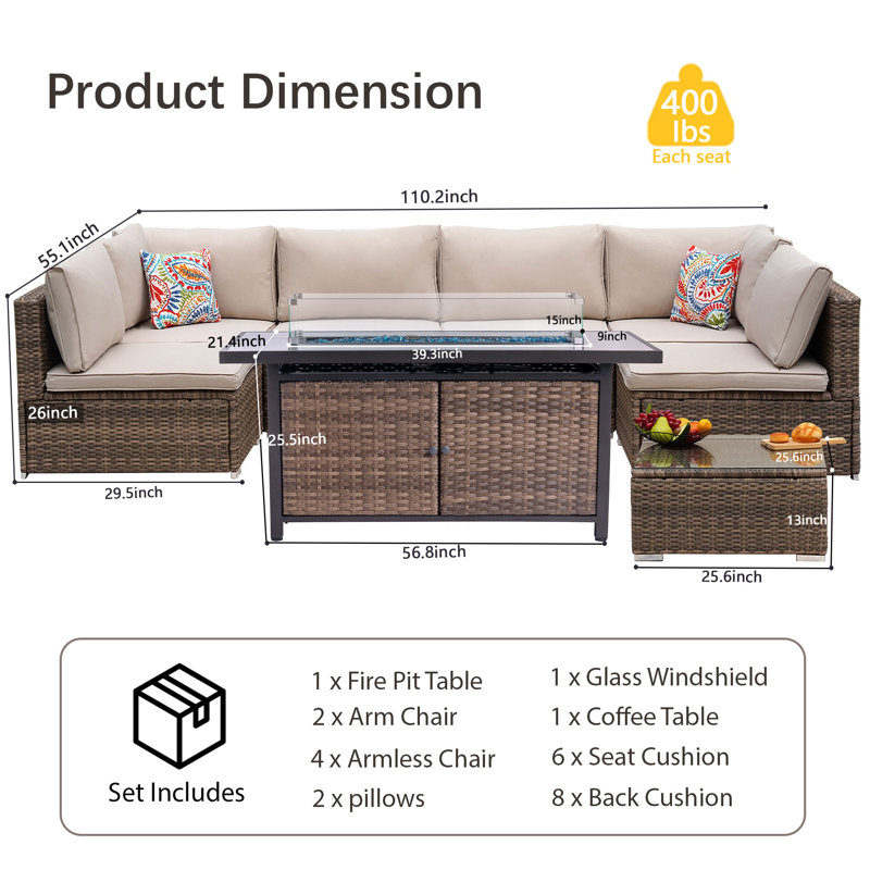 8 Pieces Outdoor Wicker Patio Furniture Set with Fire Pit Table, Gray/Navy Blue