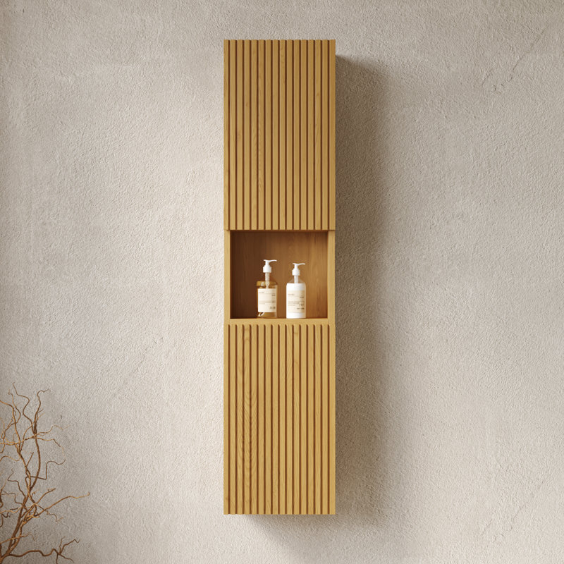Armoire de rangement pour salle de bain de 59 po de hauteur - fixation murale étroite avec portes et tablettes en chêne pour petits espaces au design ingénieux