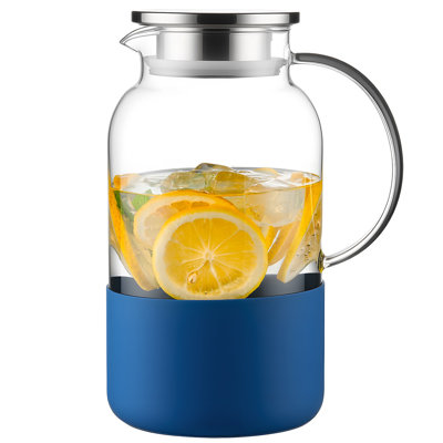 Pichet à eau avec base en silicone 61 oz / 1,8 L, pichet en verre chaud et froid avec couvercle et poignée, carafe en verre avec couvercle pour café, jus, limonade et lait