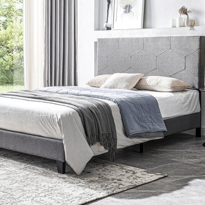 Easy-assemble Queen Size Upholstered Bed Frame, Grey Colour In Grey, With Wood Slat Support For Stability