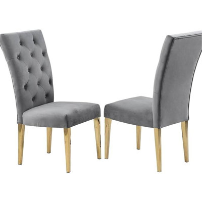 Gray Velvet Upholstered Back Gold Finish Stainless Steel Legs Modern Dining Chair Of 2, Medium Firm