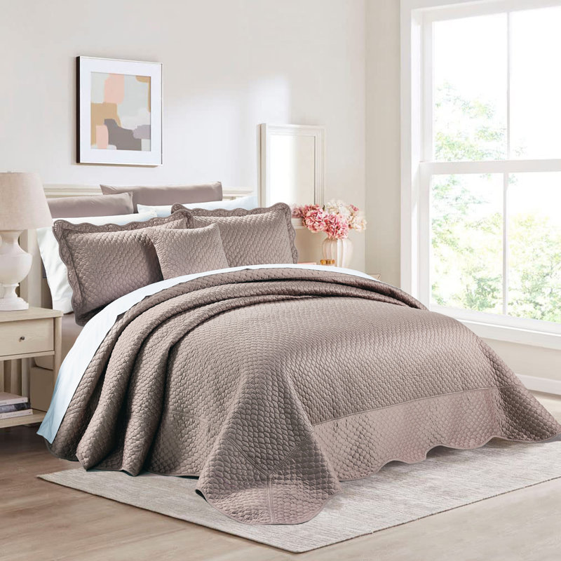 4 Piece Matte Satin Bedspread Set, King Comforter + 3 Additional Pieces, Taupe