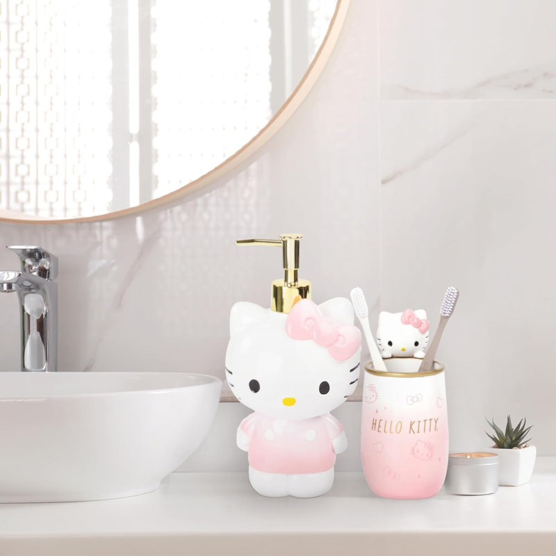 Ensemble 4 pièces d'organisation de salle de bain Hello Kitty - rose, accessoires inclus: gobelet en résine, distributeur de savon, porte-savon et porte-brosse à dents - Décoration de salle de bain