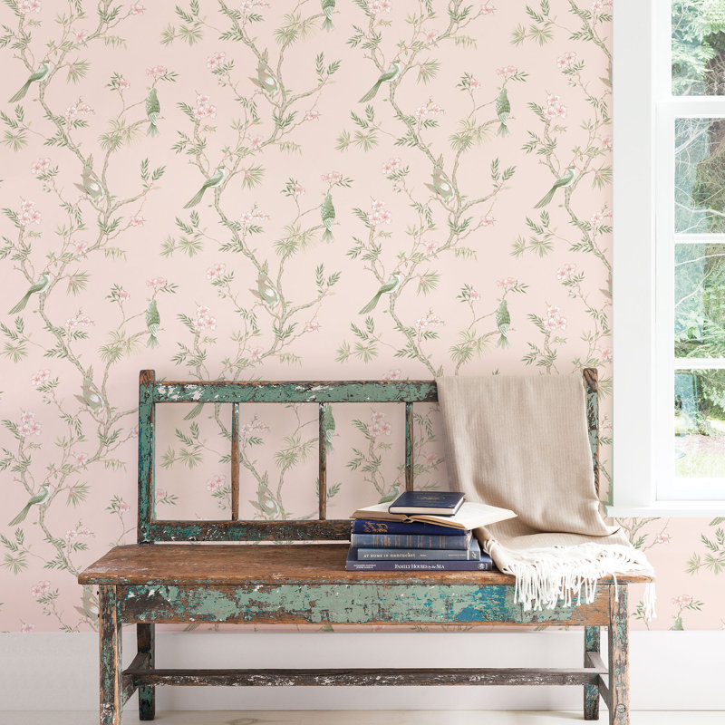 Secret Garden Garden Bird Trail Design 33' L x 21"  W Wallpaper Roll, Pink/Green
