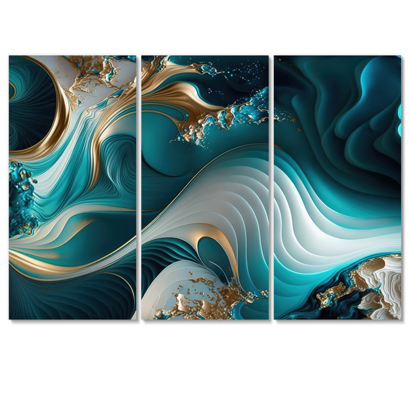 Géode abstraite turquoise II - reproduction de 3 pièces, H 32 po x l 48 po x P 1 po