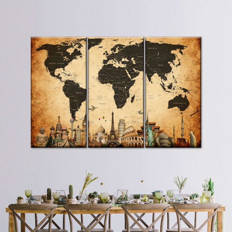 Carte du monde rétro, impression sur toile, H 45 po x l 28 po x P 1,25 po