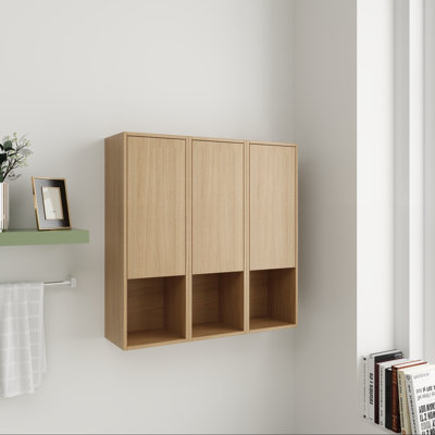 36" Wall Mounted Bathroom Side Cabinet with Soft Closing Door, Engineered Wood Storage Cabinet in Original Oak, 3-Door Combo for Small Bathroom, Study, Storage Room (KD-Packing)