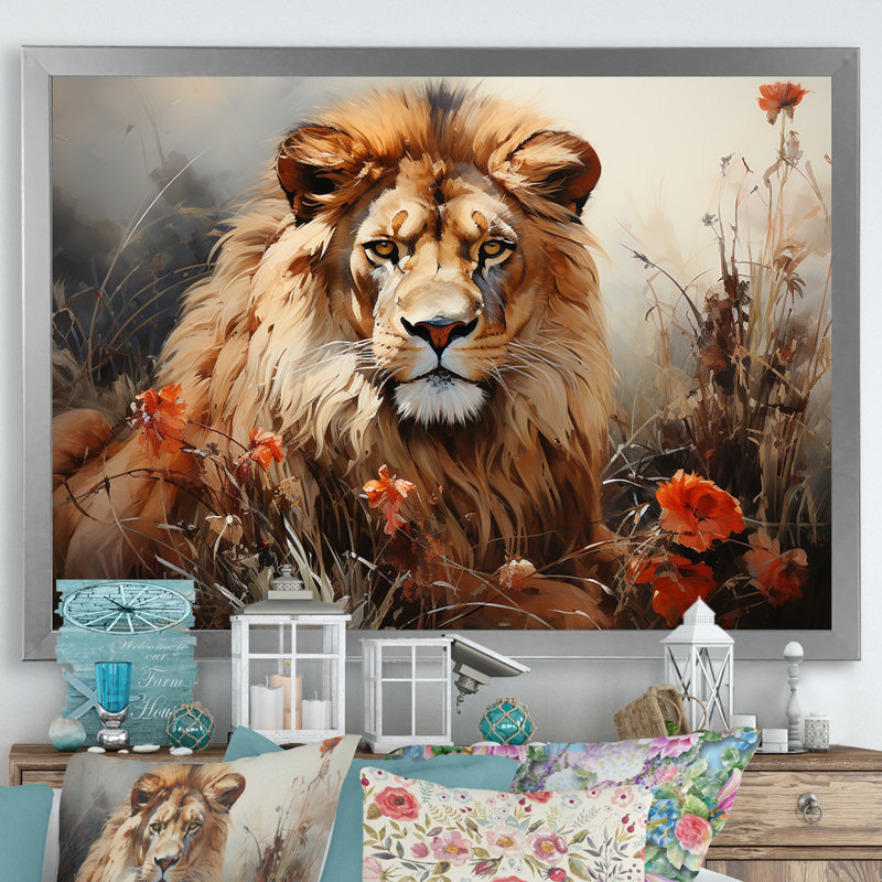 «Lion Wilderness Symphony I» sur toile, Cadre simple argenté, H 34 po x l 44 po x P 1,5 po